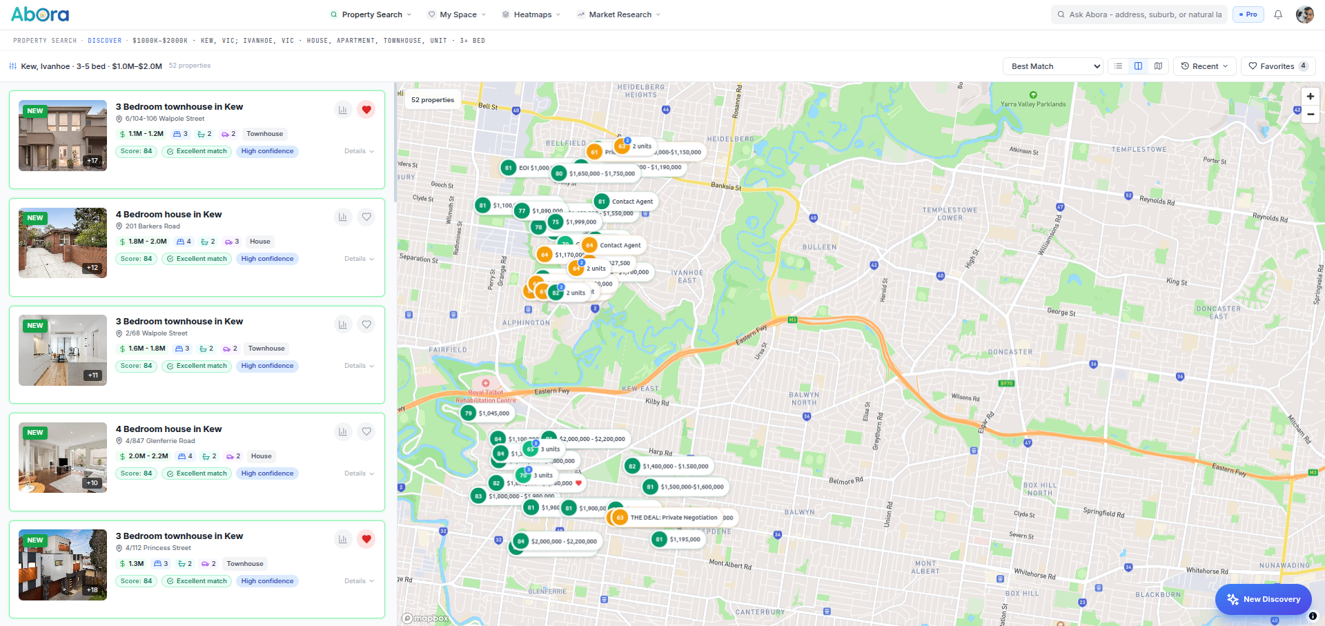 Abora Discover — ranked property search results, list and map view